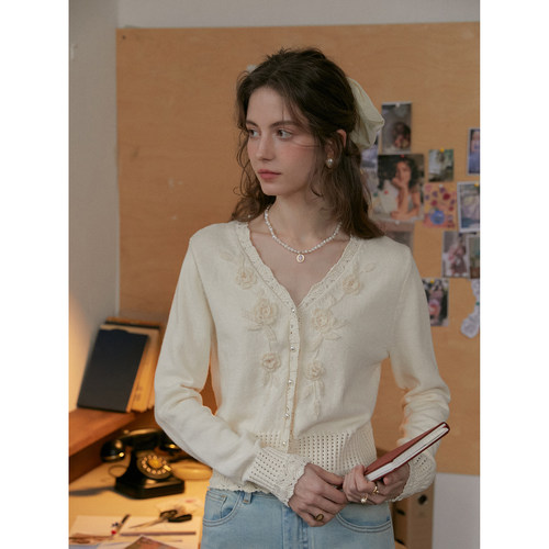 SimpleRetro重工立体钩花v领针织开衫女毛衣