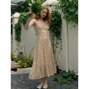 SimpleRetro阳光瓦尔 法式玫瑰碎花吊带连衣裙女夏气质天丝a字裙