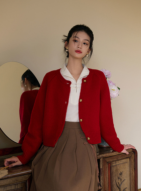 SimpleRetro红梅艺圃 定染红色百毛针织开衫女秋冬加厚短款毛衣