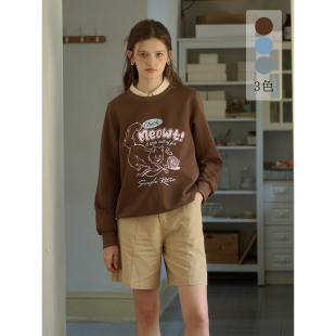SimpleRetro玛丽奇遇记 套头上衣 獨家设计猫咪印花圆领卫衣女长袖