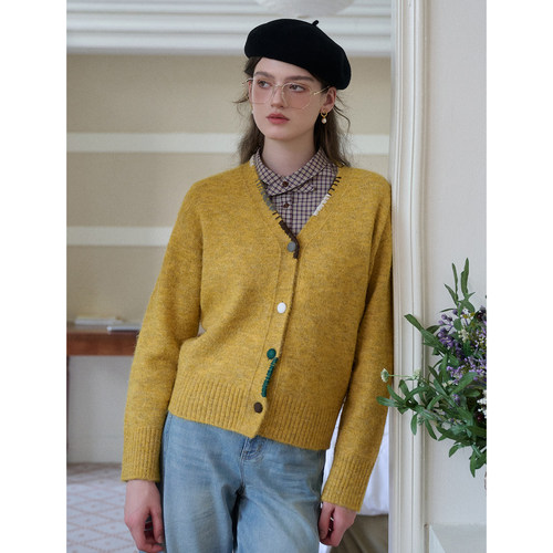 SimpleRetro蜜糖柠檬 法式羊毛花纱V领撞色针织开衫女慵懒风毛衣