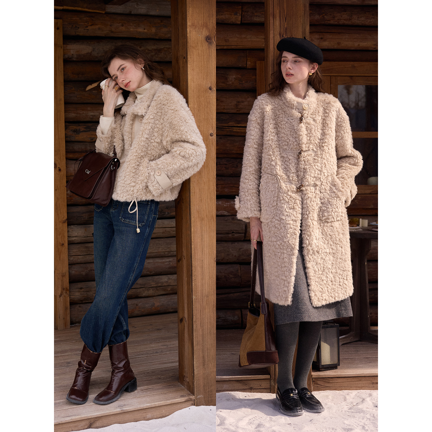 SimpleRetro冬日卢森堡 长短款复古摇粒绒皮毛一体毛呢外套女冬季