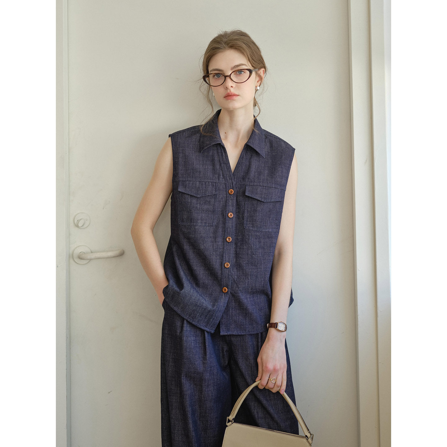 【4/23 20点新品9折】天丝亚麻牛仔马甲衬衫阔腿裤两件套套装女夏