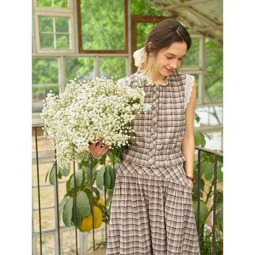 SimpleRetro塞纳格韵 法式复古全棉短款花边小衫半身裙格纹套装女