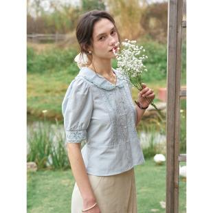 0点新品 9折 复古天丝亚麻海军领重工刺绣蕾丝短袖 女 衬衫