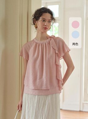 SimpleRetro云影花笺 天丝法式双层飘带短袖衬衫女凉感透气小衫夏