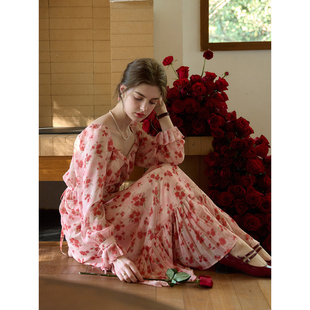 SimpleRetro落日玫瑰 海上玫瑰法式碎花连衣裙女长袖温柔茶歇裙子