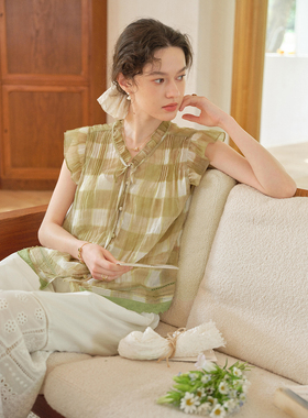 SimpleRetro旧时格调 复古撞色格纹背心衬衫女小飞袖显瘦法式小衫