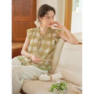 SimpleRetro旧时格调 复古撞色格纹背心衬衫女小飞袖显瘦法式小衫