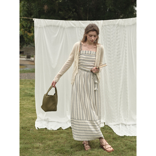 SimpleRetro法式复古肌理条纹吊带连衣裙女度假风长裙子