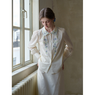衬衫 裙女长袖 半身裙女 气质娃娃领彩绣套装 SimpleRetro60全棉法式