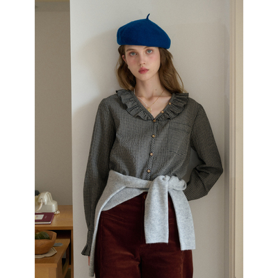 SimpleRetro爱丽丝游记 法式复古V领荷叶边衬衫女春百搭休闲衬衣