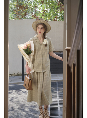 SimpleRetro法式复古格纹套装女西装领衬衫夏日绝美穿搭绿色套装