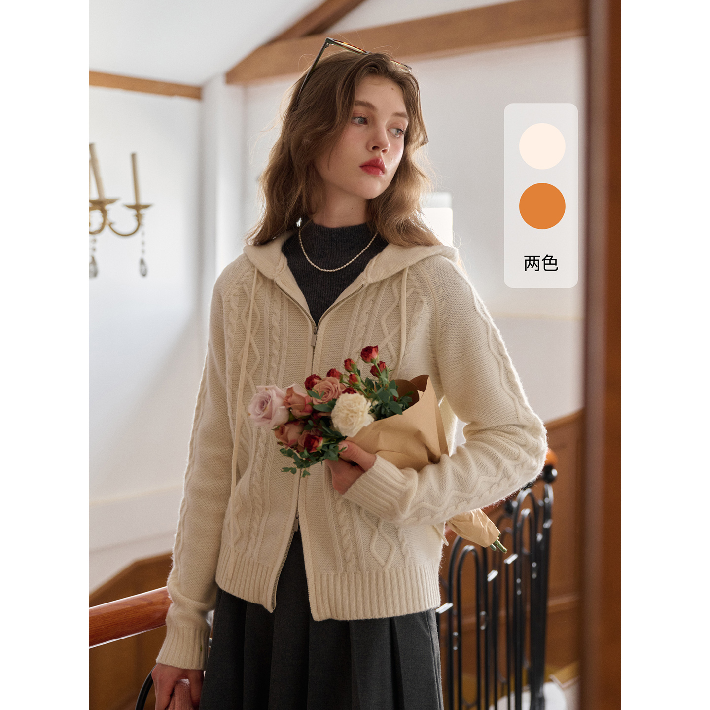 SimpleRetro冬日之梦 法式全羊毛连帽针织开衫女冬款软糯绞花毛衣