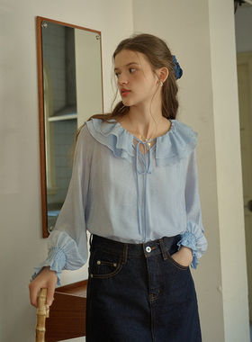 SimpleRetro海盐白沙 竹叶暗纹双层荷叶边领法式衬衫女春温柔衬衣