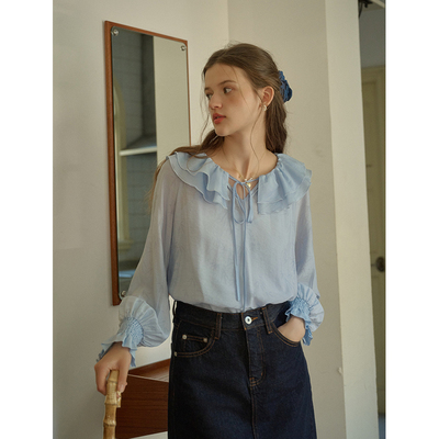 SimpleRetro海盐白沙 竹叶暗纹双层荷叶边领法式衬衫女春温柔衬衣