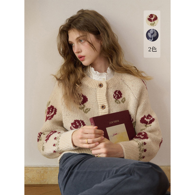 SimpleRetro塞纳玫瑰 法式复古玫瑰提花针织开衫女秋慵懒毛衣外套