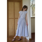 SimpleRetro通勤蓝色腰部裙简约短袖 连衣裙女夏日感棉a字裙