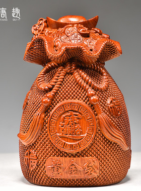 花梨木雕刻黄金袋摆件实木制福袋子家居桌面装饰品红木工艺品送礼