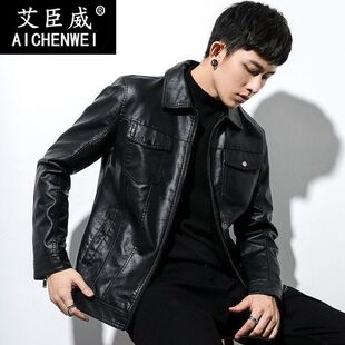 复古服春秋 皮衣男士 新款 男日系青年皮夹克艾臣威潮流机车中年男装