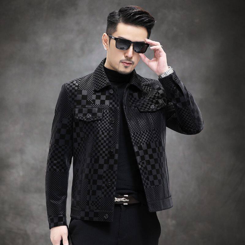 海宁皮衣男外套秋冬季爆款棋盘格印花时尚气质翻领皮夹克外套上衣