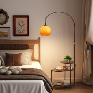 中古风落地灯客厅沙发旁边几置物多功能卧室复古床头柜一体钓鱼灯