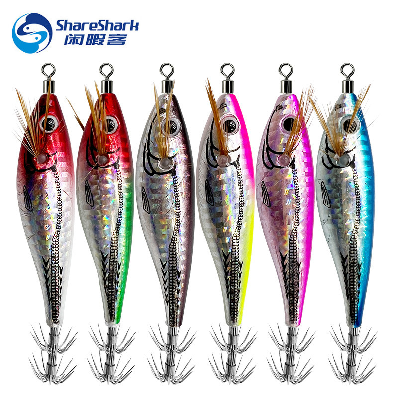 苦茶闲暇客 夜光水平虾圆肚虾镭射木虾鱿鱼钩章鱼饵路亚饵假饵