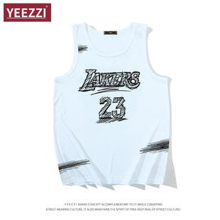 美式 速干篮球服LAKERS湖人詹姆斯JAMES球衣素描手绘复古网眼背心