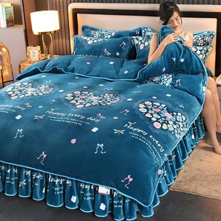 冬季 加厚牛奶绒床裙四件套双面加绒被套法兰绒床单珊瑚绒2025新款