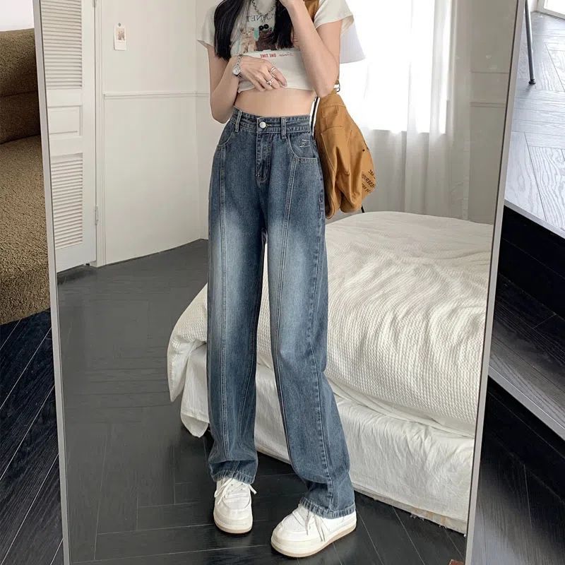 蓝灰高腰牛仔裤女秋季新款小个子大码宽松阔腿高街直筒裤子冬潮