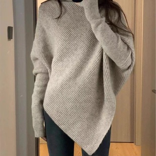 设计款不规则高领蝙蝠袖羊绒针织衫女秋冬宽松中长款毛衣翻领毛衫