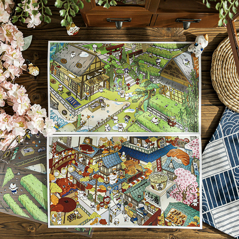 沐染猫屋田里世立体造景贴纸日式ins微缩街景手工diy解压玩具贴画