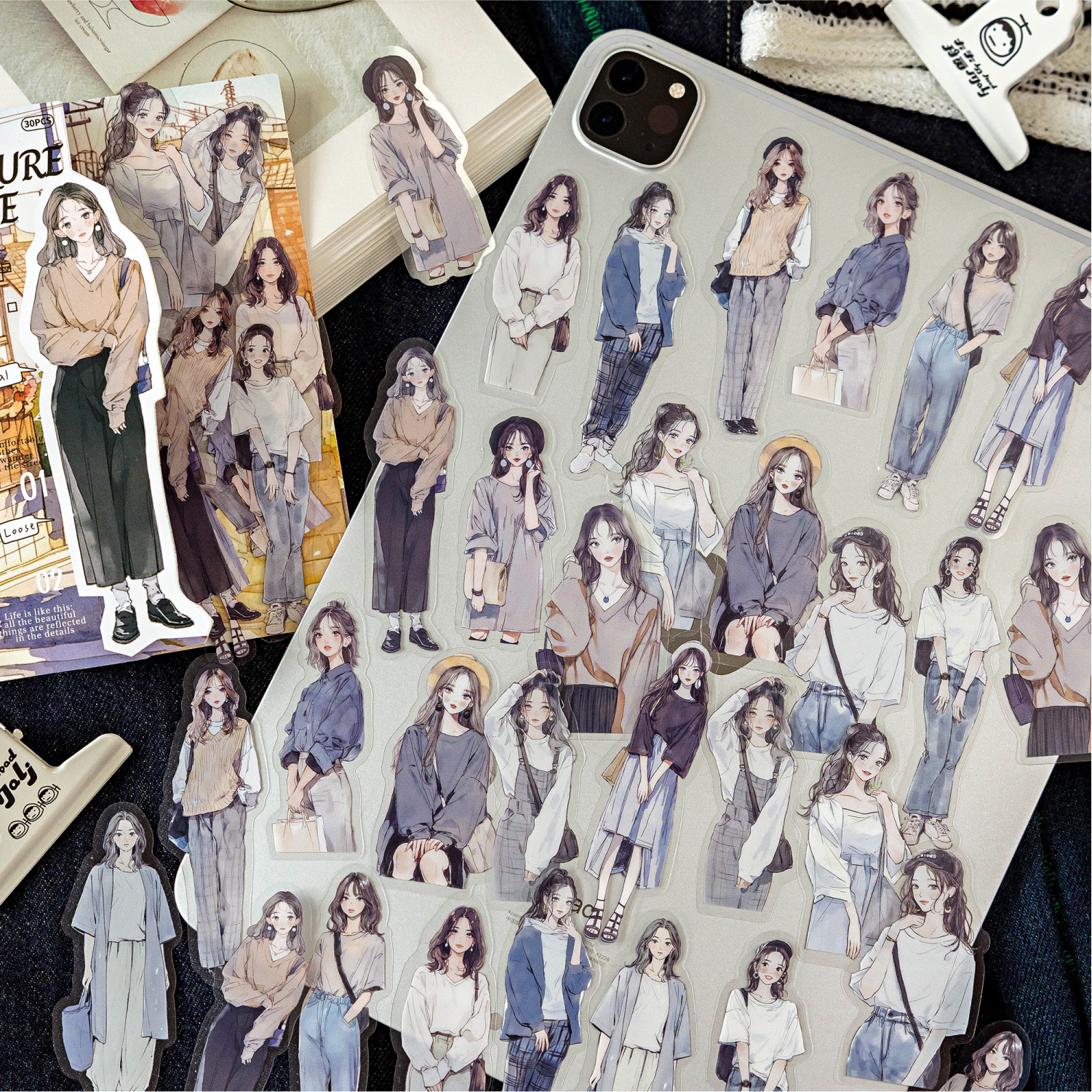 今日穿搭原创PET水彩人物贴纸包