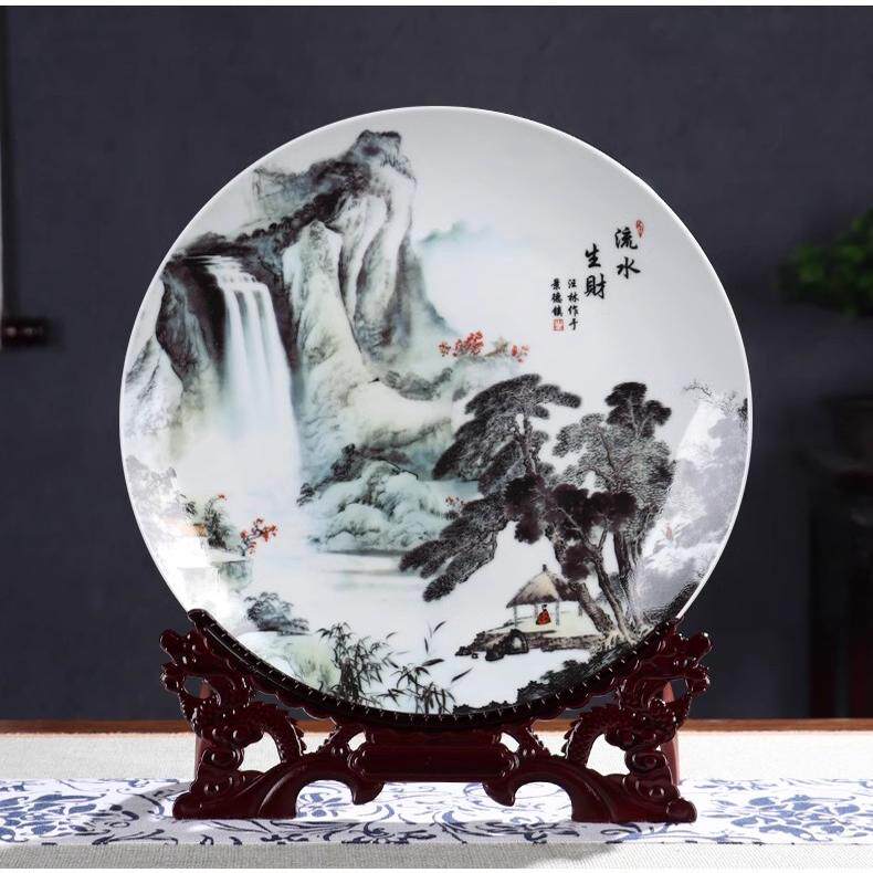 陶瓷山水画挂盘装饰盘子流水生财中式客厅装饰品摆件礼品logo定制