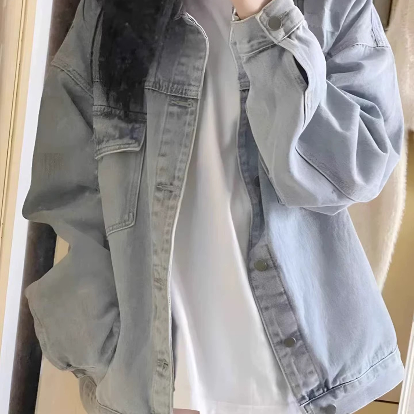 复古浅蓝色牛仔外套女2026年春季新款小个子宽松外搭衬衫开衫上衣