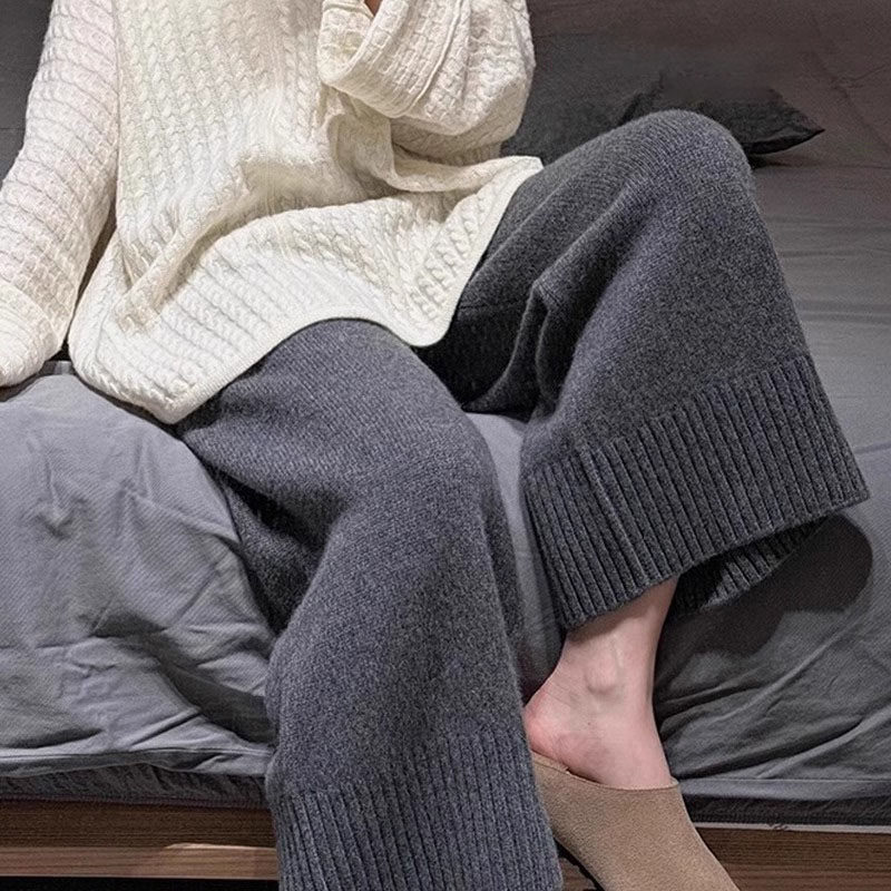 好货灰色软糯显瘦阔腿裤女春秋小个子直筒休闲奶奶裤慵懒风针织糯