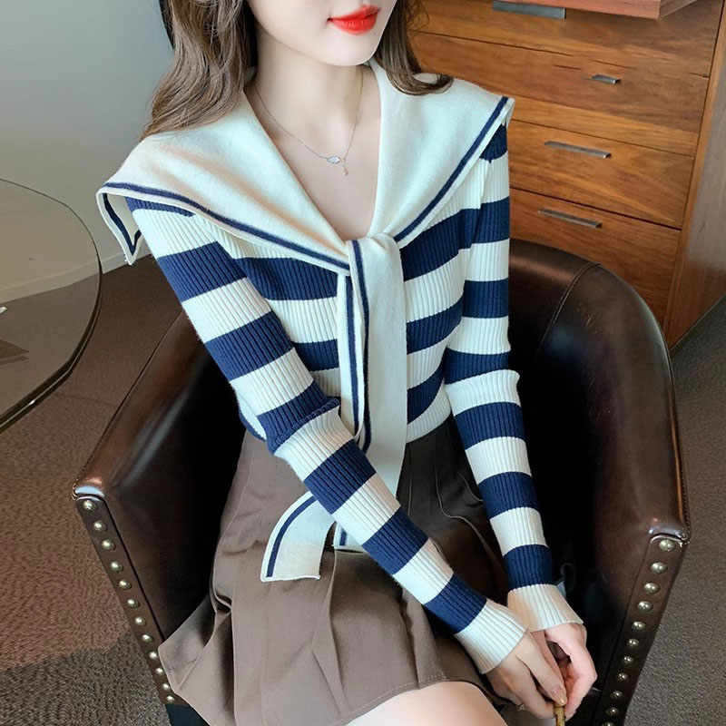 极速海军领条纹针织长袖t恤女早春装2026春季新款设计感修身显瘦