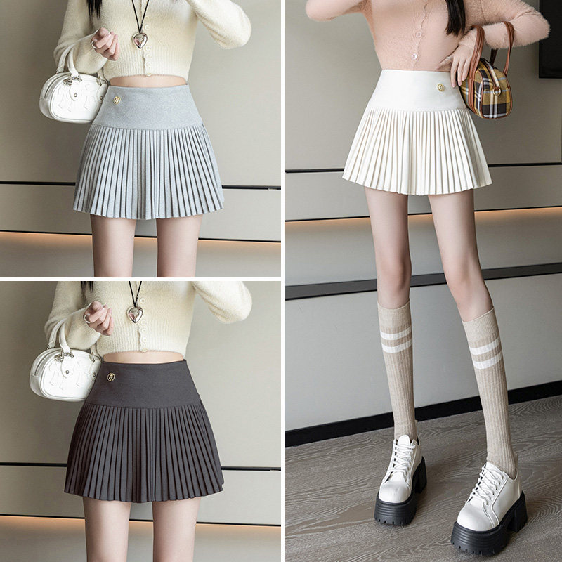毛呢百褶半身裙女2025新款春秋百搭高腰显瘦美式A字辣妹白色短裙