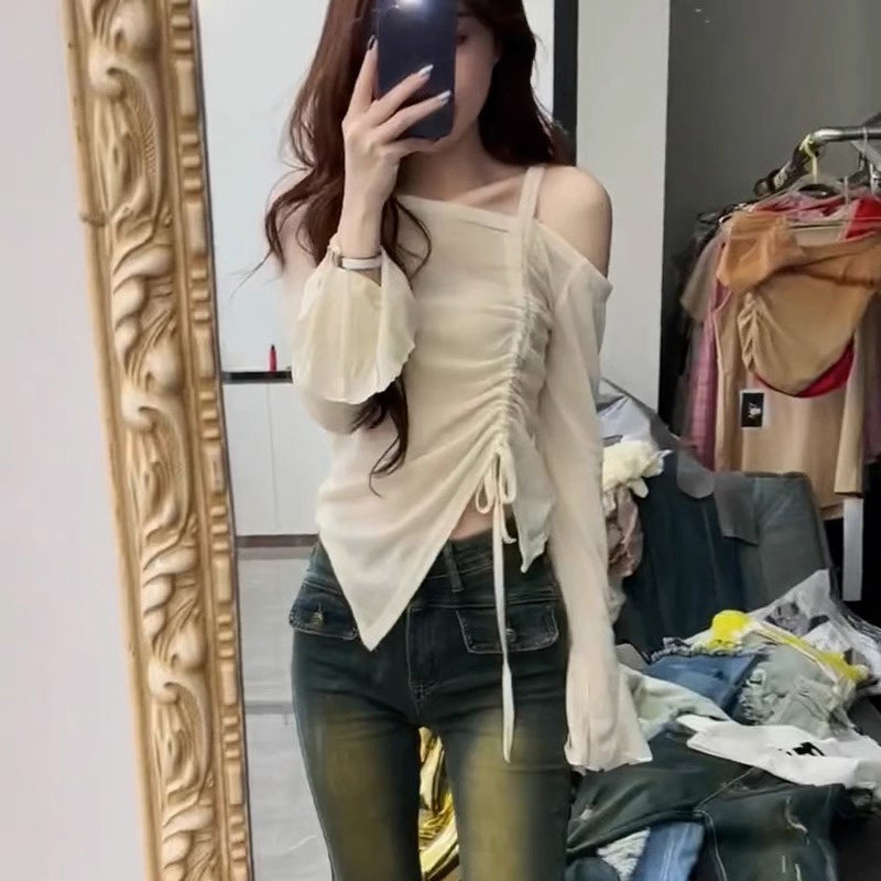 早春季抽绳长袖T恤女纯欲不规则设计感小众辣妹紧身露肩短款上衣