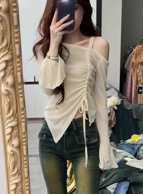 早春季抽绳长袖T恤女纯欲不规则设计感小众辣妹紧身露肩短款上衣