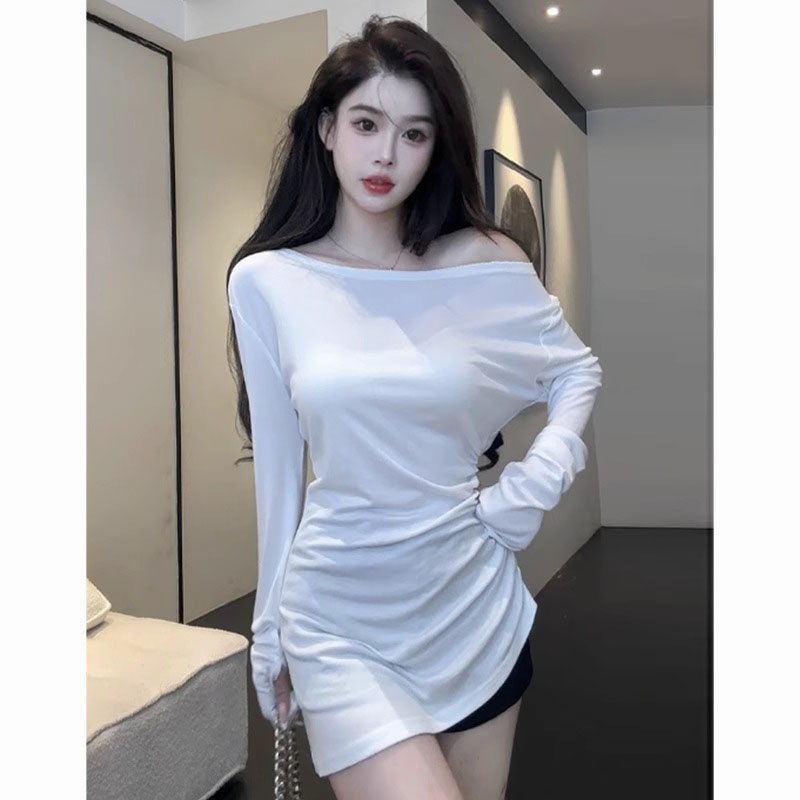 新品辣妹一字肩长袖t恤防晒罩衫女薄款收腰修身中长款打底衫早春