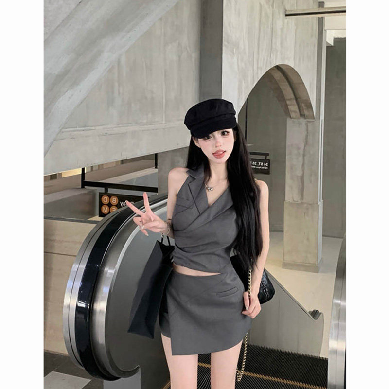 推荐美式小个子辣妹短款无袖西装马甲背心上衣不规则高腰半身裙套