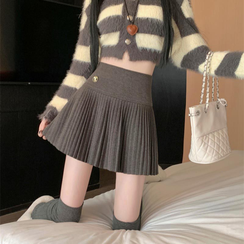 灰色毛呢百褶半身裙女春秋甜辣小香风高级感a字短裙高腰显瘦裙子