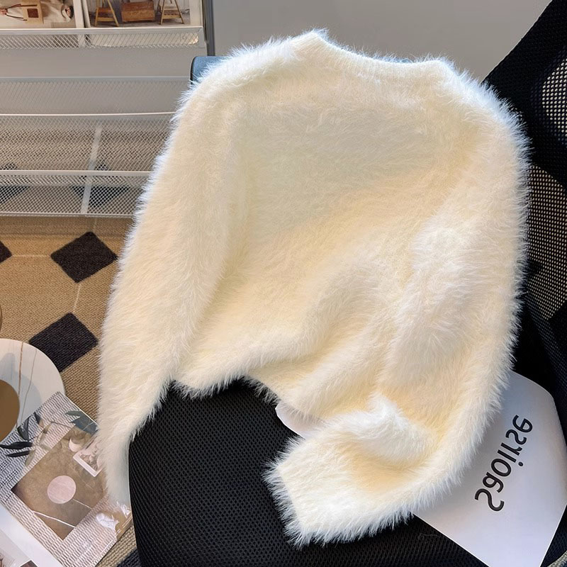 白色短款马海毛毛衣女春秋内搭针织打底衫义乌高腰水貂绒软糯上衣