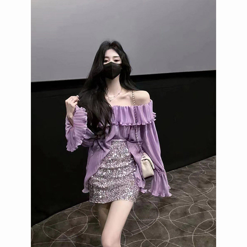 时尚高级感御姐套装女法式气质显瘦上衣辣妹亮片短裙紫色两件套潮