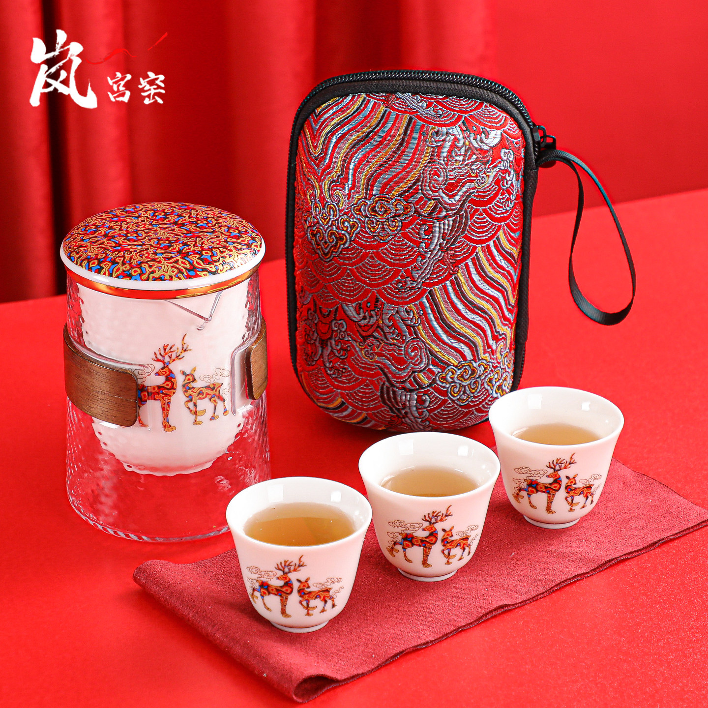 一鹿相伴便携式旅行茶具一壶三杯图片