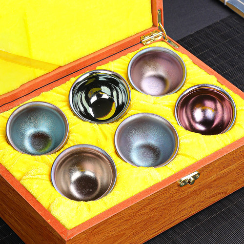 高质感小口径彩金盏杯建盏茶杯6只客人杯喝茶茶碗陶瓷礼盒装轻奢