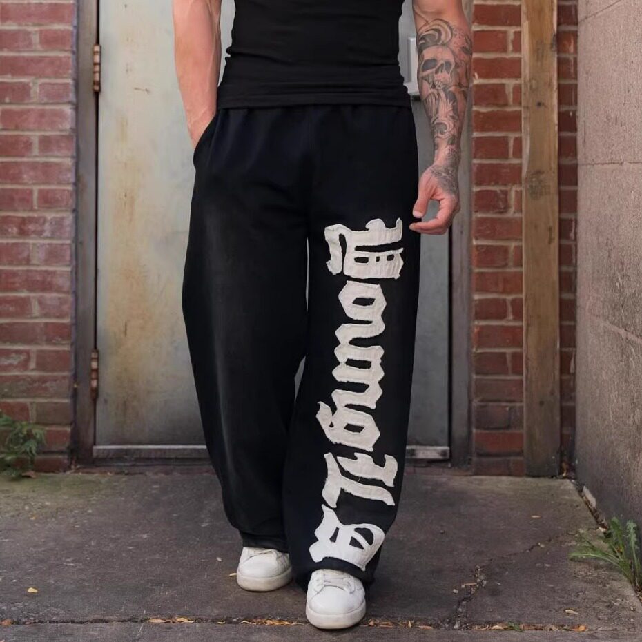 YOUNGLA新春秋美式长裤潮男肌肉运动休闲卫裤健身宽松直筒棉绣花