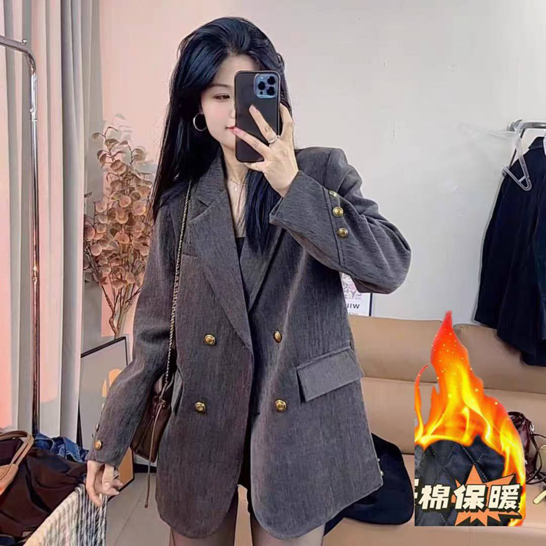 2025春秋雪尼尔西装外套女网红百搭宽松韩版双排扣设计感西服通勤