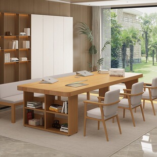 公司办公桌现代简约客厅实木书桌书柜一体化学习桌家用长条写字台